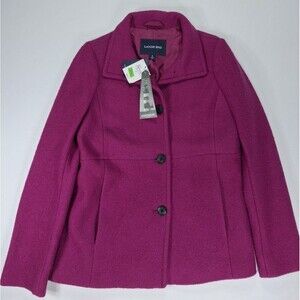 Lands' End Women's Boiled Wool Coat Size 8 Fuchsia Plum Purple Button Up Lined